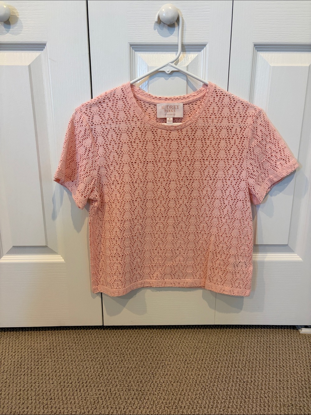 Audrey & Grace Soft Blush Openwork Short Sleeve Knit Top